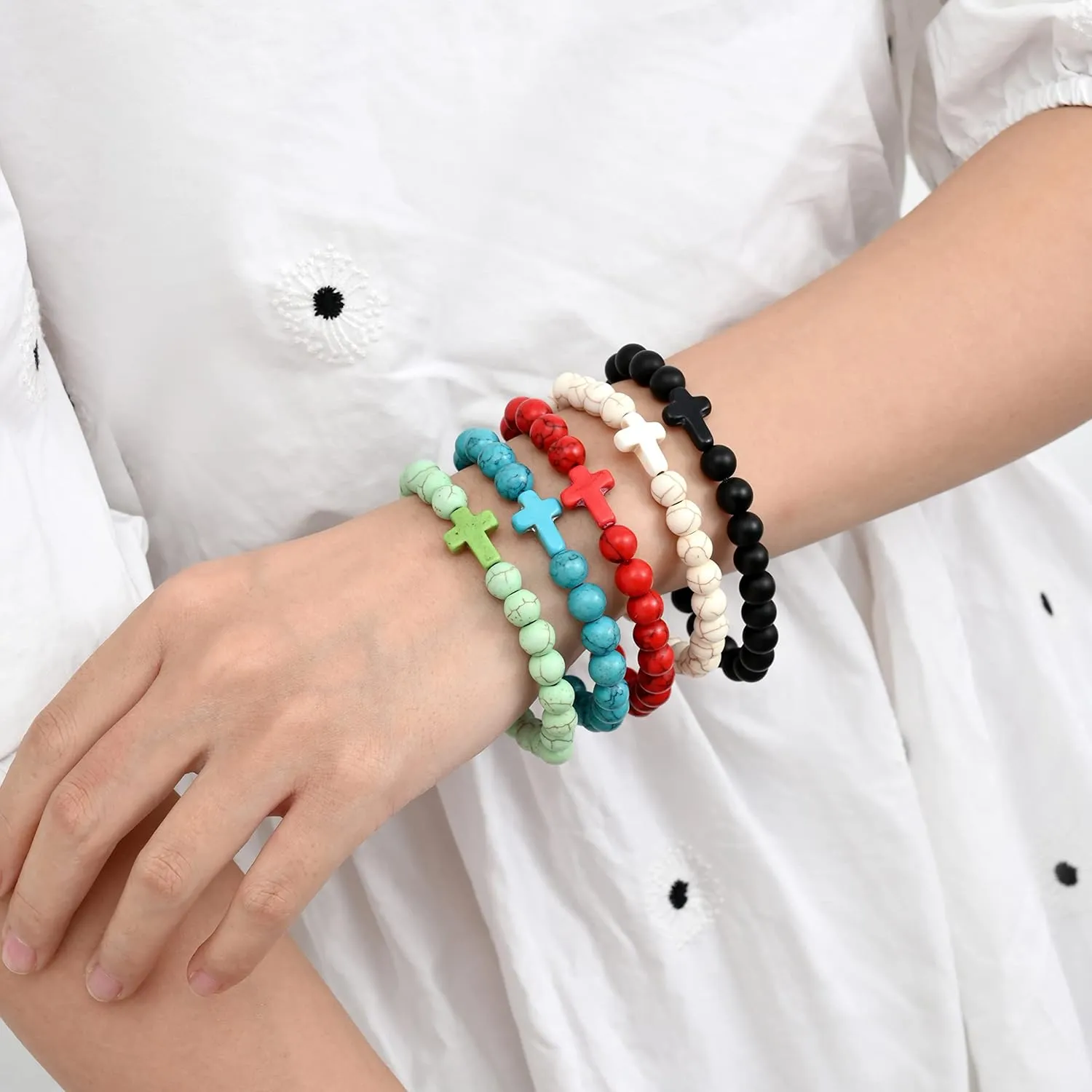 Softones 8mm Beads Cross Bracelets for Women Men Natural Stone Elastic Stretch Prayer Bracelet for Women Friendship Cross Gifts