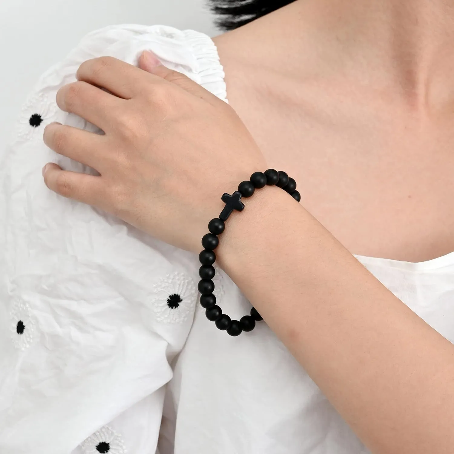 Softones 8mm Beads Cross Bracelets for Women Men Natural Stone Elastic Stretch Prayer Bracelet for Women Friendship Cross Gifts