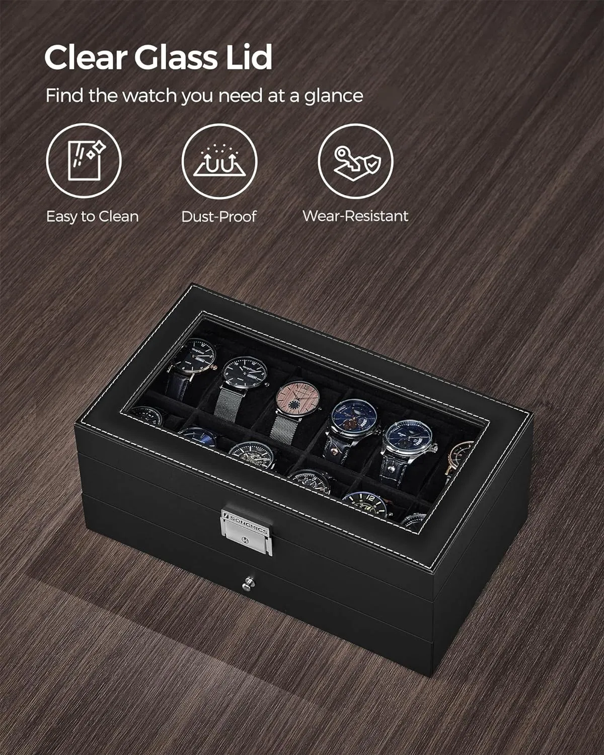 SONGMICS 12-Slot Watch Box, Lockable Watch Case with Glass Lid, 2 Layers, with 1 Drawer for Rings, Bracelets, Gift Idea, Black Synthetic Leather, Black Lining UJWB012B03