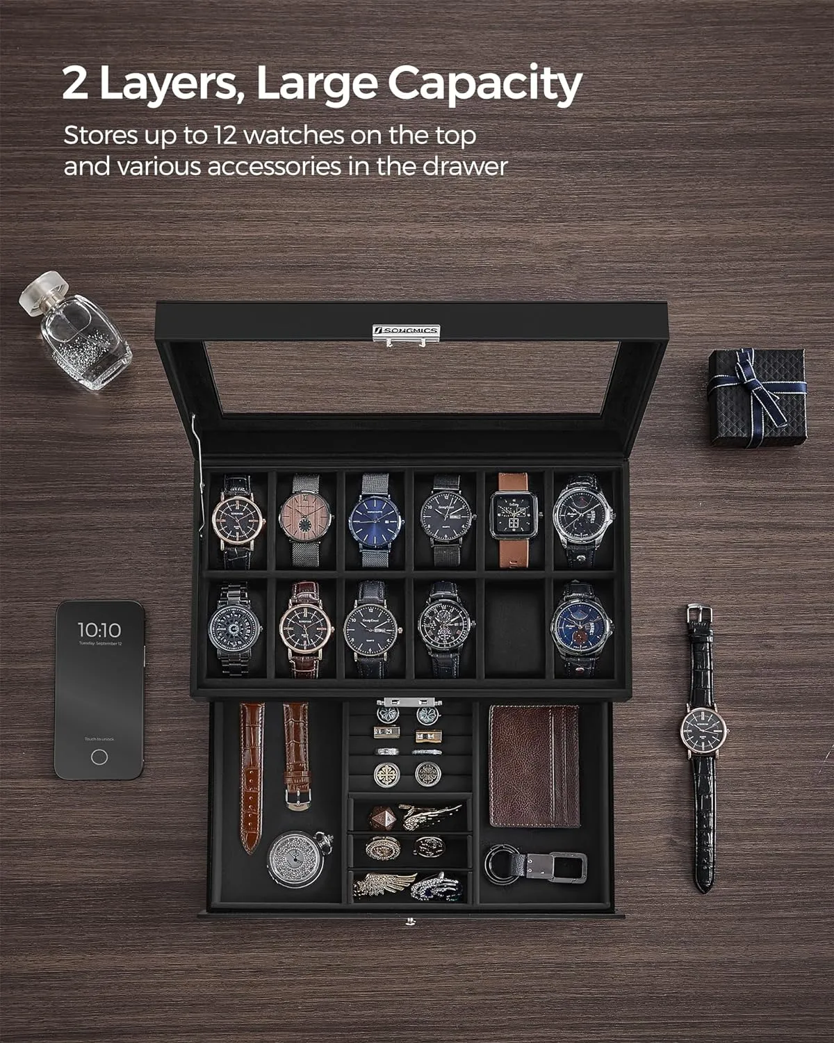 SONGMICS 12-Slot Watch Box, Lockable Watch Case with Glass Lid, 2 Layers, with 1 Drawer for Rings, Bracelets, Gift Idea, Black Synthetic Leather, Black Lining UJWB012B03