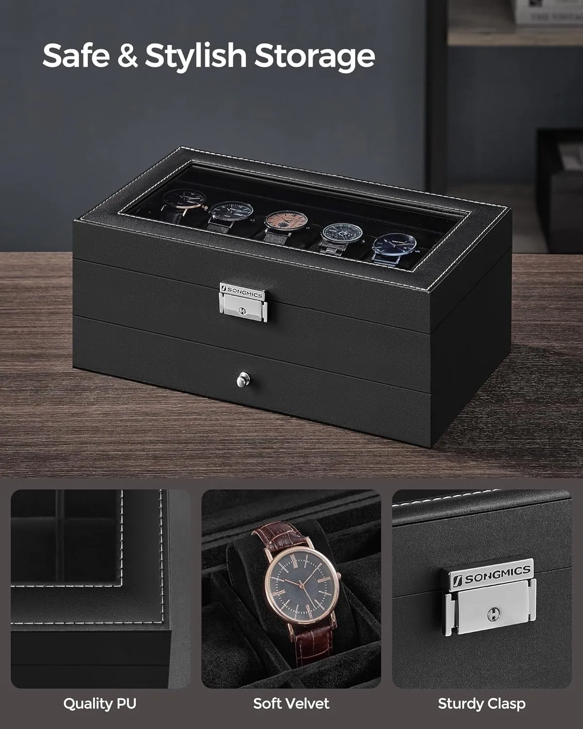 SONGMICS 12-Slot Watch Box, Lockable Watch Case with Glass Lid, 2 Layers, with 1 Drawer for Rings, Bracelets, Gift Idea, Black Synthetic Leather, Black Lining UJWB012B03