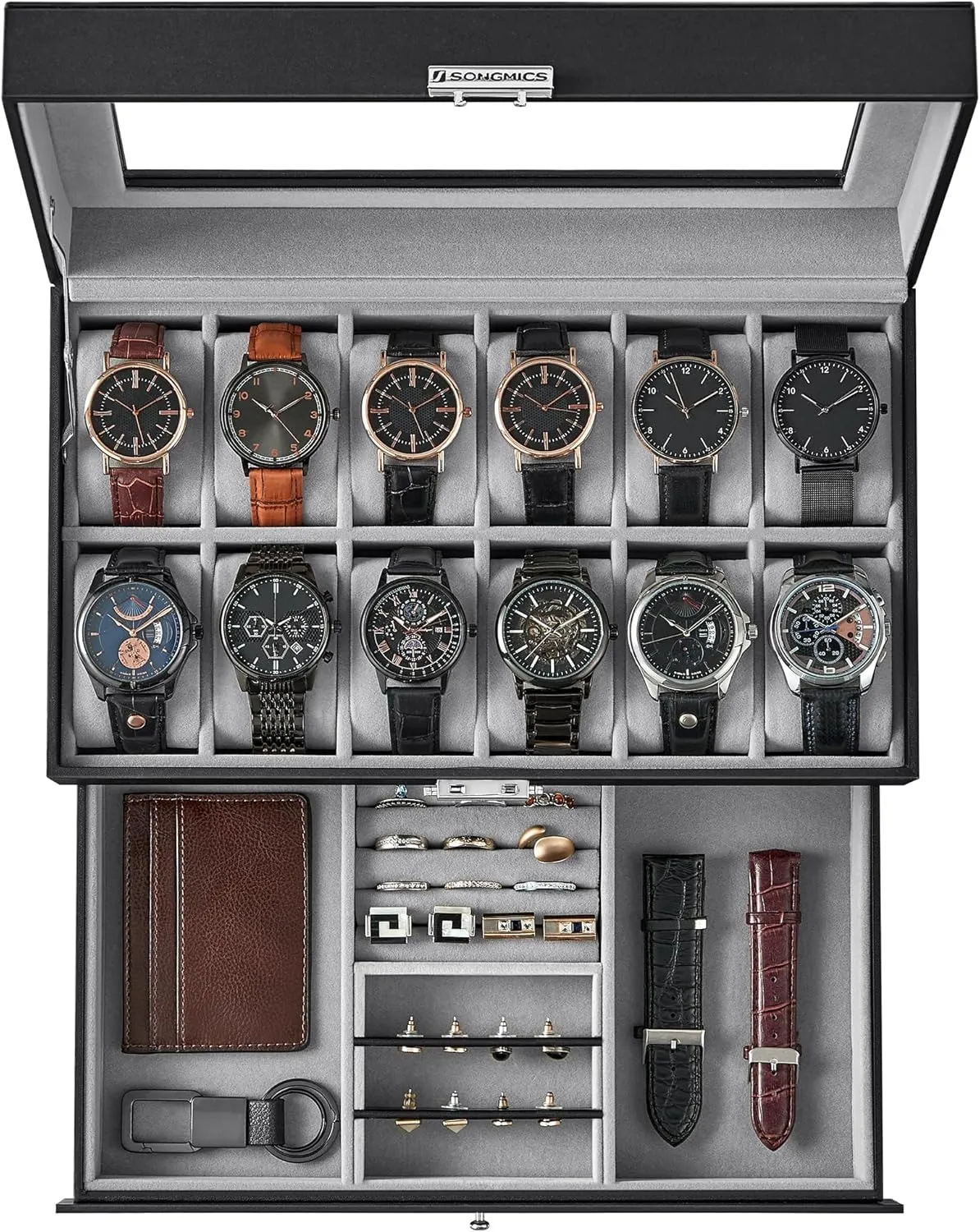 SONGMICS 12-Slot Watch Box, Lockable Watch Case with Glass Lid, 2 Layers, with 1 Drawer for Rings, Bracelets, Gift Idea, Black Synthetic Leather, Gray Lining UJWB012