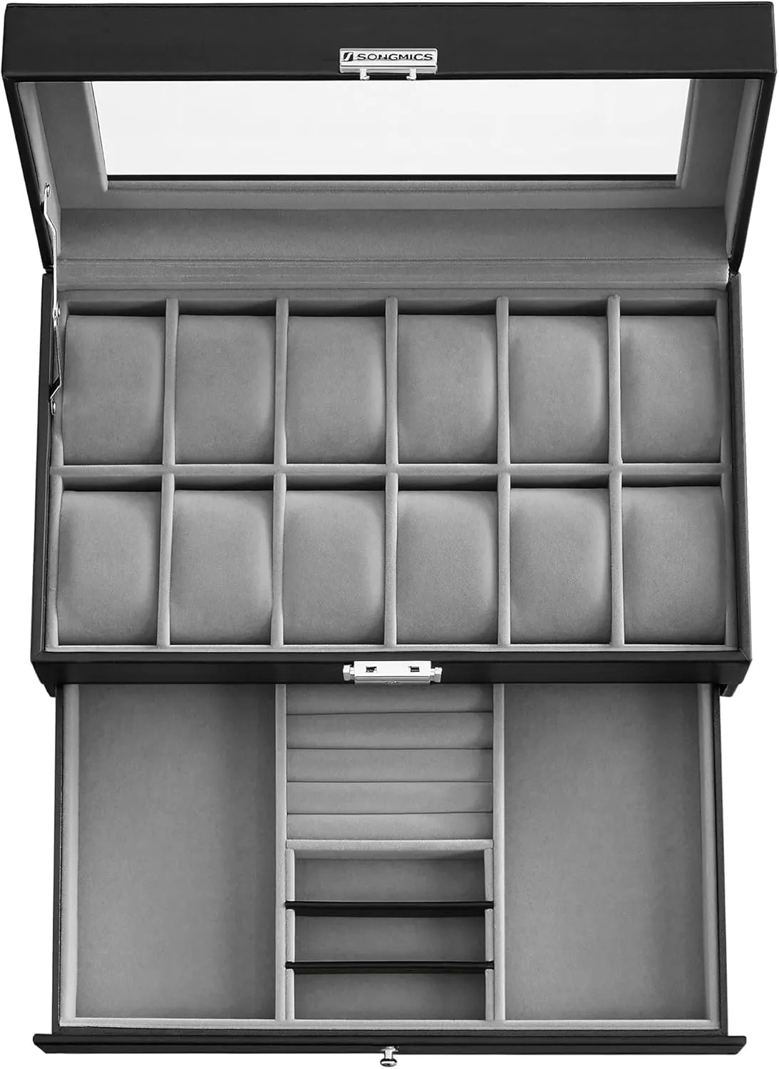 SONGMICS 12-Slot Watch Box, Lockable Watch Case with Glass Lid, 2 Layers, with 1 Drawer for Rings, Bracelets, Gift Idea, Black Synthetic Leather, Gray Lining UJWB012