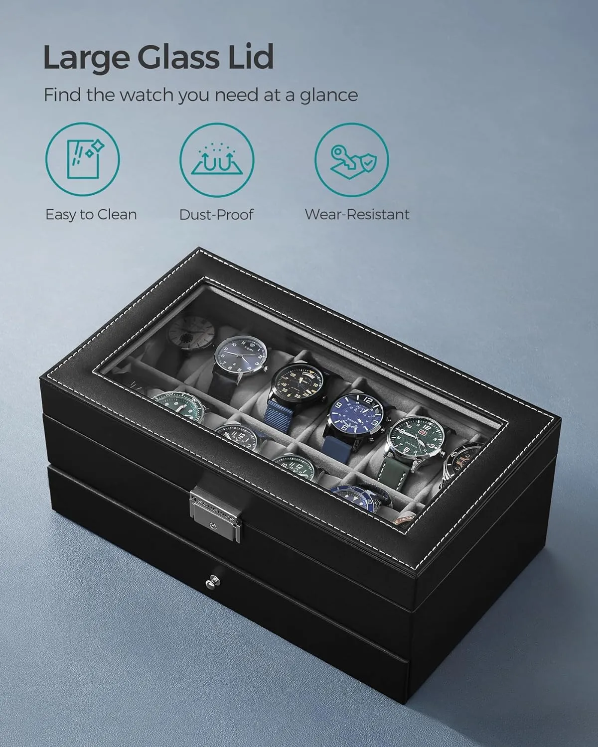 SONGMICS 12-Slot Watch Box, Lockable Watch Case with Glass Lid, 2 Layers, with 1 Drawer for Rings, Bracelets, Gift Idea, Black Synthetic Leather, Gray Lining UJWB012