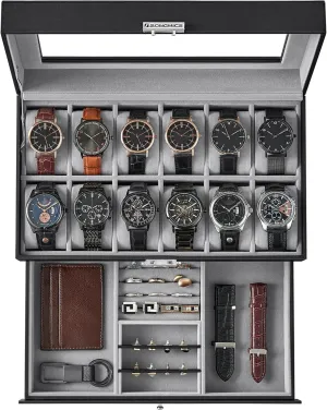 SONGMICS 12-Slot Watch Box, Lockable Watch Case with Glass Lid, 2 Layers, with 1 Drawer for Rings, Bracelets, Gift Idea, Black Synthetic Leather, Gray Lining UJWB012