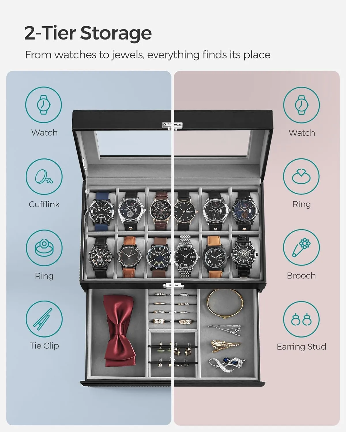 SONGMICS 12-Slot Watch Box, Lockable Watch Case with Glass Lid, 2 Layers, with 1 Drawer for Rings, Bracelets, Gift Idea, Black Synthetic Leather, Gray Lining UJWB012
