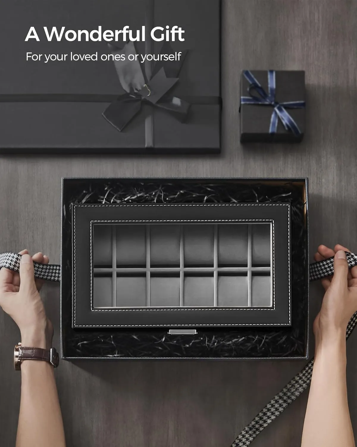 SONGMICS 12-Slot Watch Box, Lockable Watch Case with Glass Lid, 2 Layers, with 1 Drawer for Rings, Bracelets, Gift Idea, Black Synthetic Leather, Gray Lining UJWB012