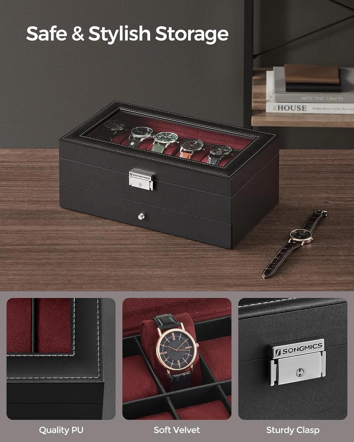 SONGMICS 12-Slot Watch Box, Lockable Watch Case with Glass Lid, 2 Layers, with 1 Drawer for Rings, Bracelets, Gift Idea, Black Synthetic Leather, Wine Red Lining UJWB012R01