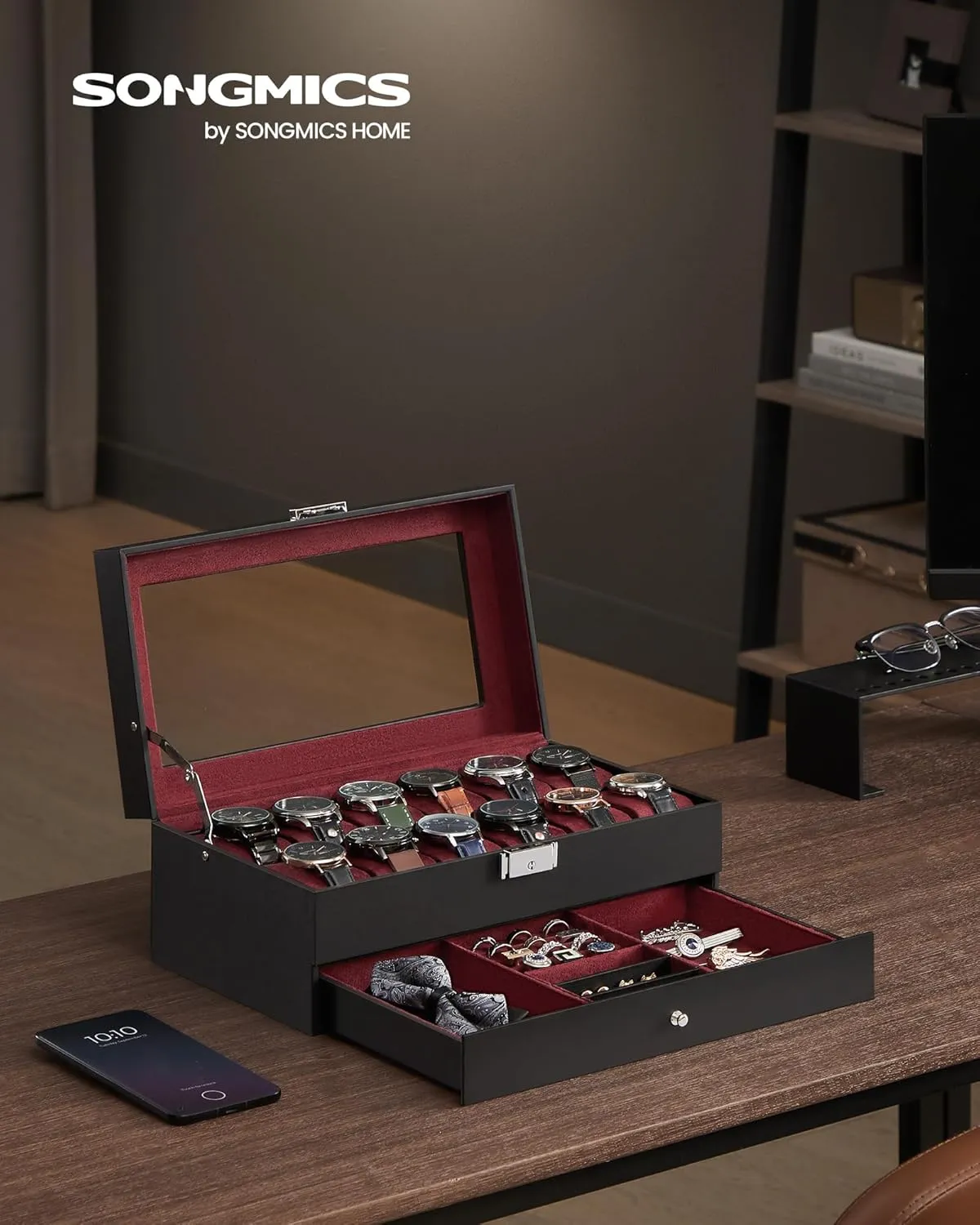 SONGMICS 12-Slot Watch Box, Lockable Watch Case with Glass Lid, 2 Layers, with 1 Drawer for Rings, Bracelets, Gift Idea, Black Synthetic Leather, Wine Red Lining UJWB012R01