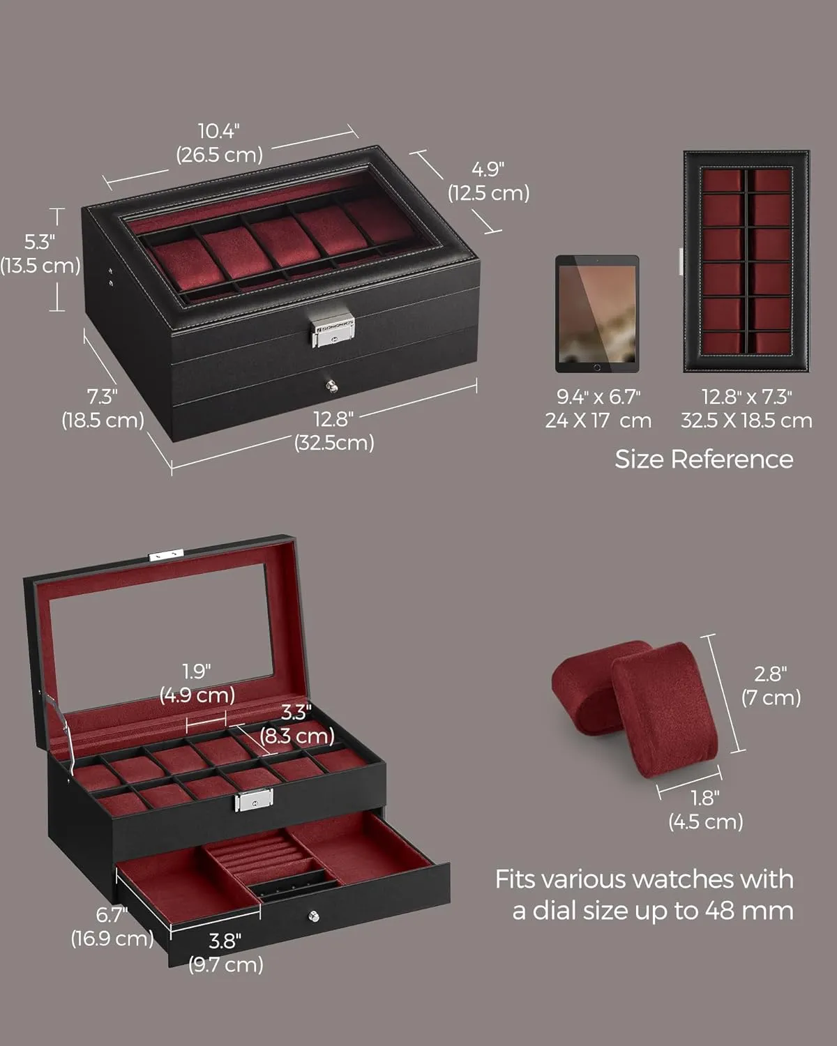 SONGMICS 12-Slot Watch Box, Lockable Watch Case with Glass Lid, 2 Layers, with 1 Drawer for Rings, Bracelets, Gift Idea, Black Synthetic Leather, Wine Red Lining UJWB012R01