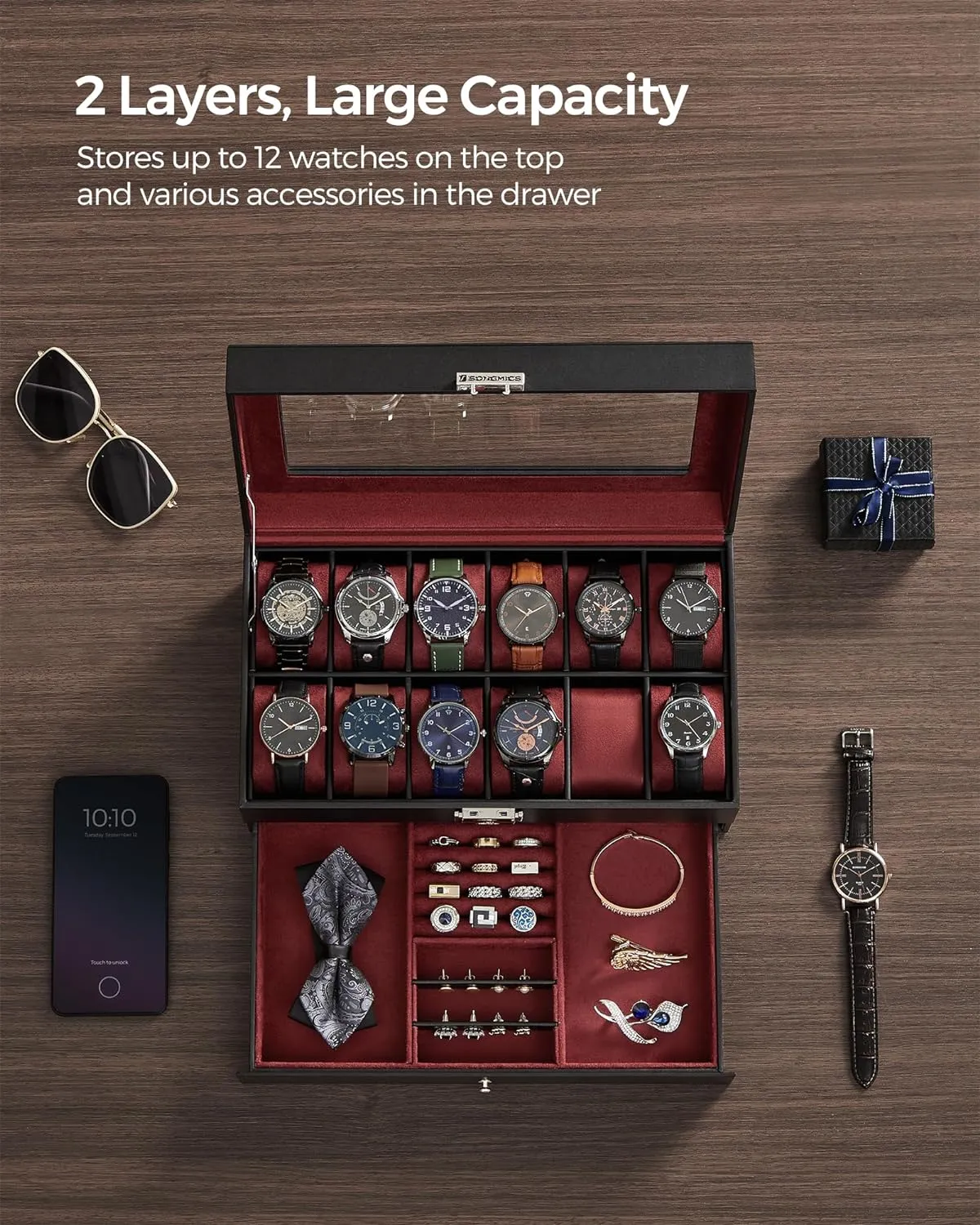 SONGMICS 12-Slot Watch Box, Lockable Watch Case with Glass Lid, 2 Layers, with 1 Drawer for Rings, Bracelets, Gift Idea, Black Synthetic Leather, Wine Red Lining UJWB012R01