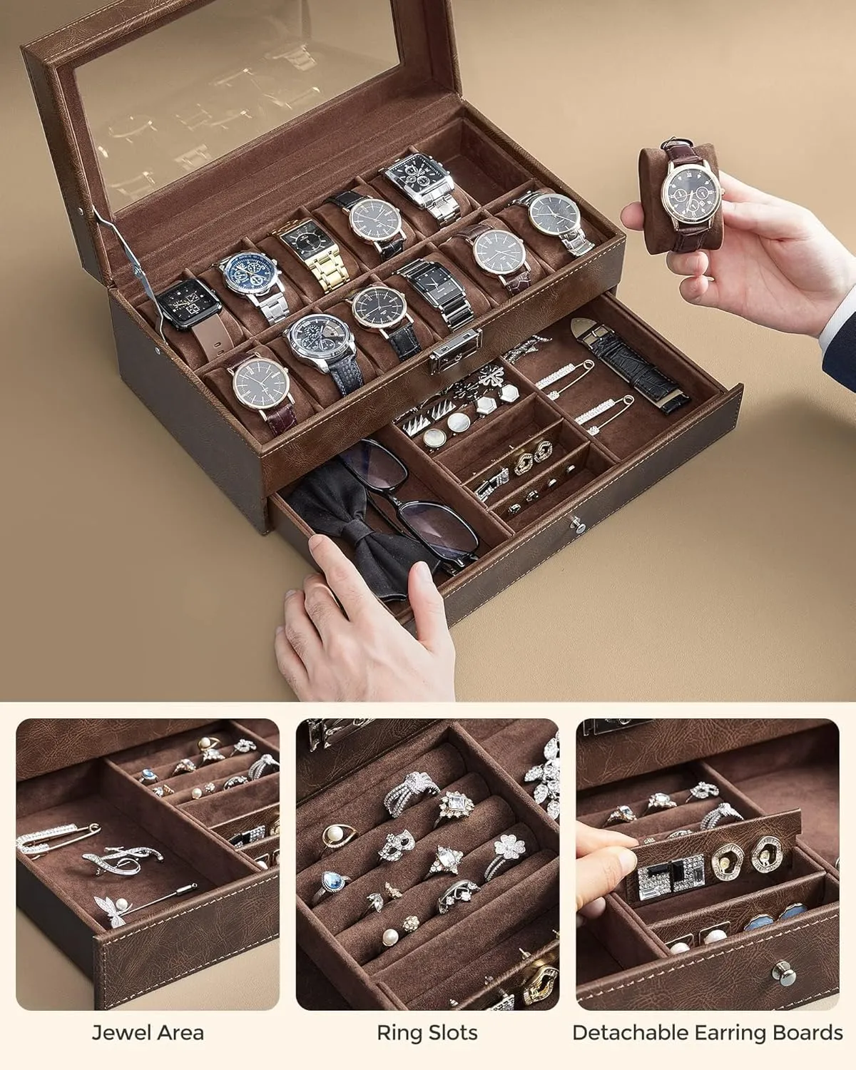 SONGMICS 12-Slot Watch Box, Lockable Watch Case with Glass Lid, 2 Layers, with 1 Drawer for Rings, Bracelets, Gift Idea, Brown Synthetic Leather, Brown Lining UJWB012K01