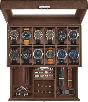 SONGMICS 12-Slot Watch Box, Lockable Watch Case with Glass Lid, 2 Layers, with 1 Drawer for Rings, Bracelets, Gift Idea, Brown Synthetic Leather, Brown Lining UJWB012K01