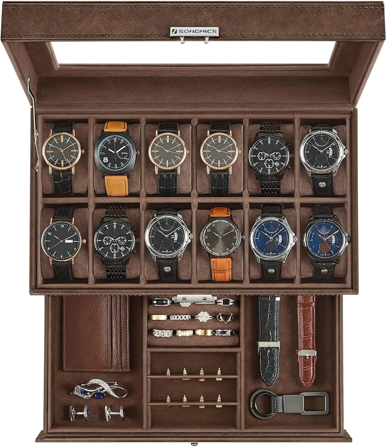 SONGMICS 12-Slot Watch Box, Lockable Watch Case with Glass Lid, 2 Layers, with 1 Drawer for Rings, Bracelets, Gift Idea, Brown Synthetic Leather, Brown Lining UJWB012K01