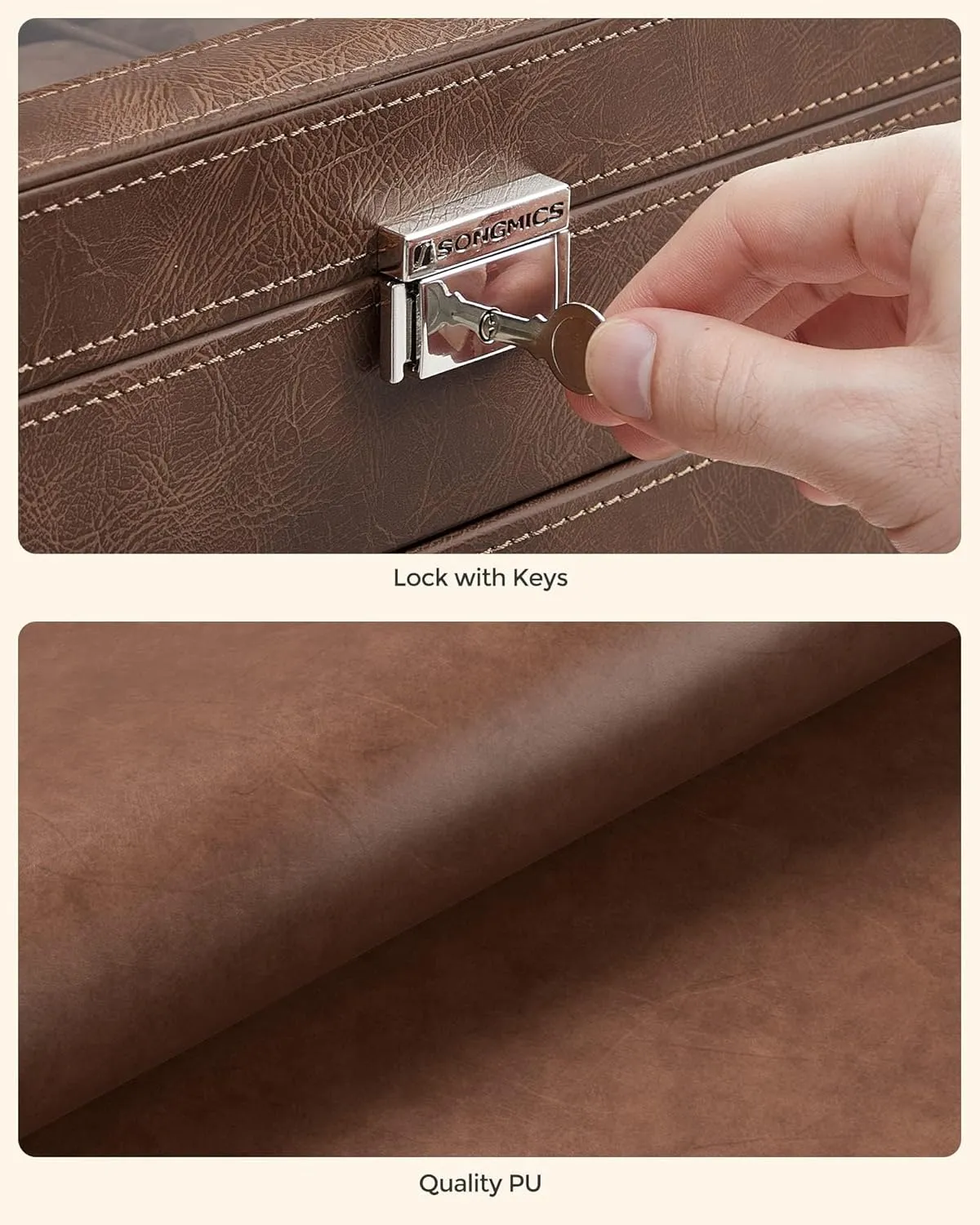 SONGMICS 12-Slot Watch Box, Lockable Watch Case with Glass Lid, 2 Layers, with 1 Drawer for Rings, Bracelets, Gift Idea, Brown Synthetic Leather, Brown Lining UJWB012K01