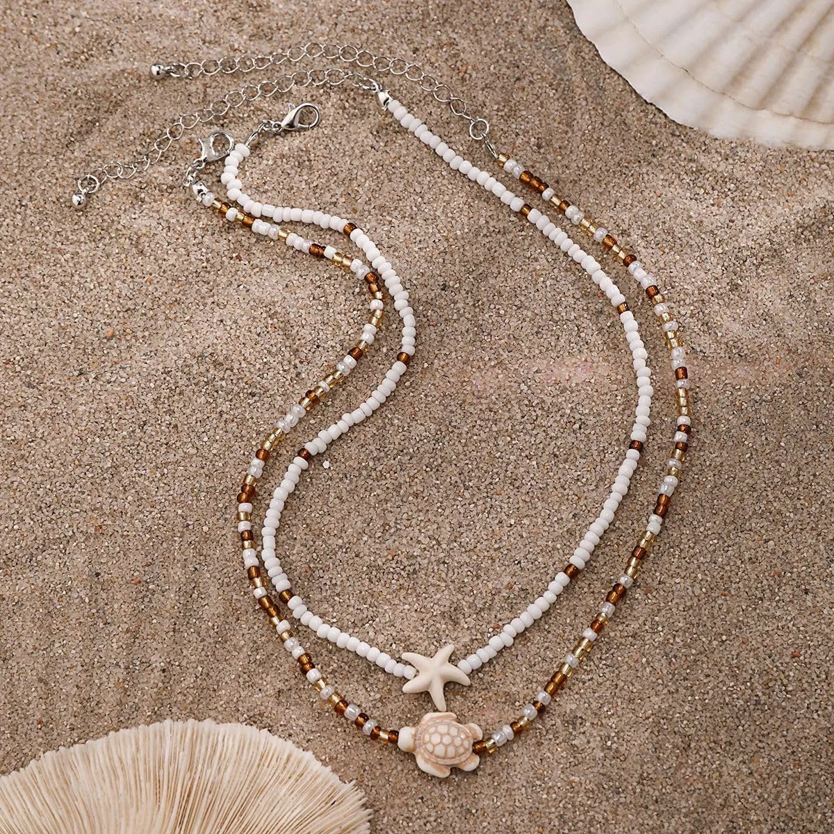 Sora Tuki Gold Starfish Necklace and Earrings - Beach Jewelry for Women - Summer Necklace with Surfer Shell and Turtle Conch Beaded Choker