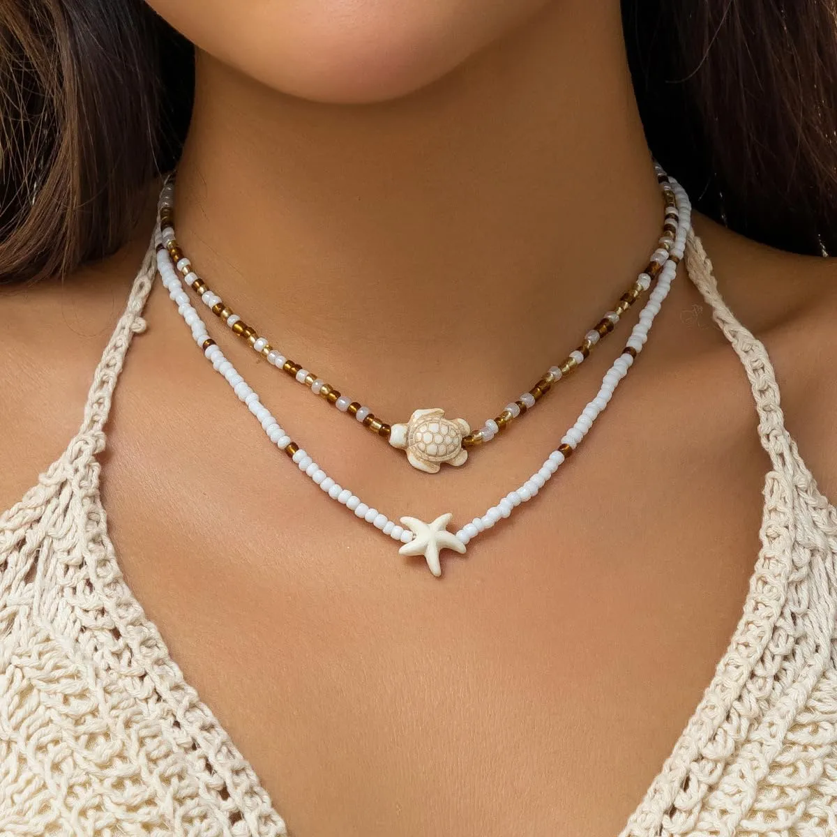 Sora Tuki Gold Starfish Necklace and Earrings - Beach Jewelry for Women - Summer Necklace with Surfer Shell and Turtle Conch Beaded Choker