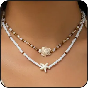 Sora Tuki Gold Starfish Necklace and Earrings - Beach Jewelry for Women - Summer Necklace with Surfer Shell and Turtle Conch Beaded Choker