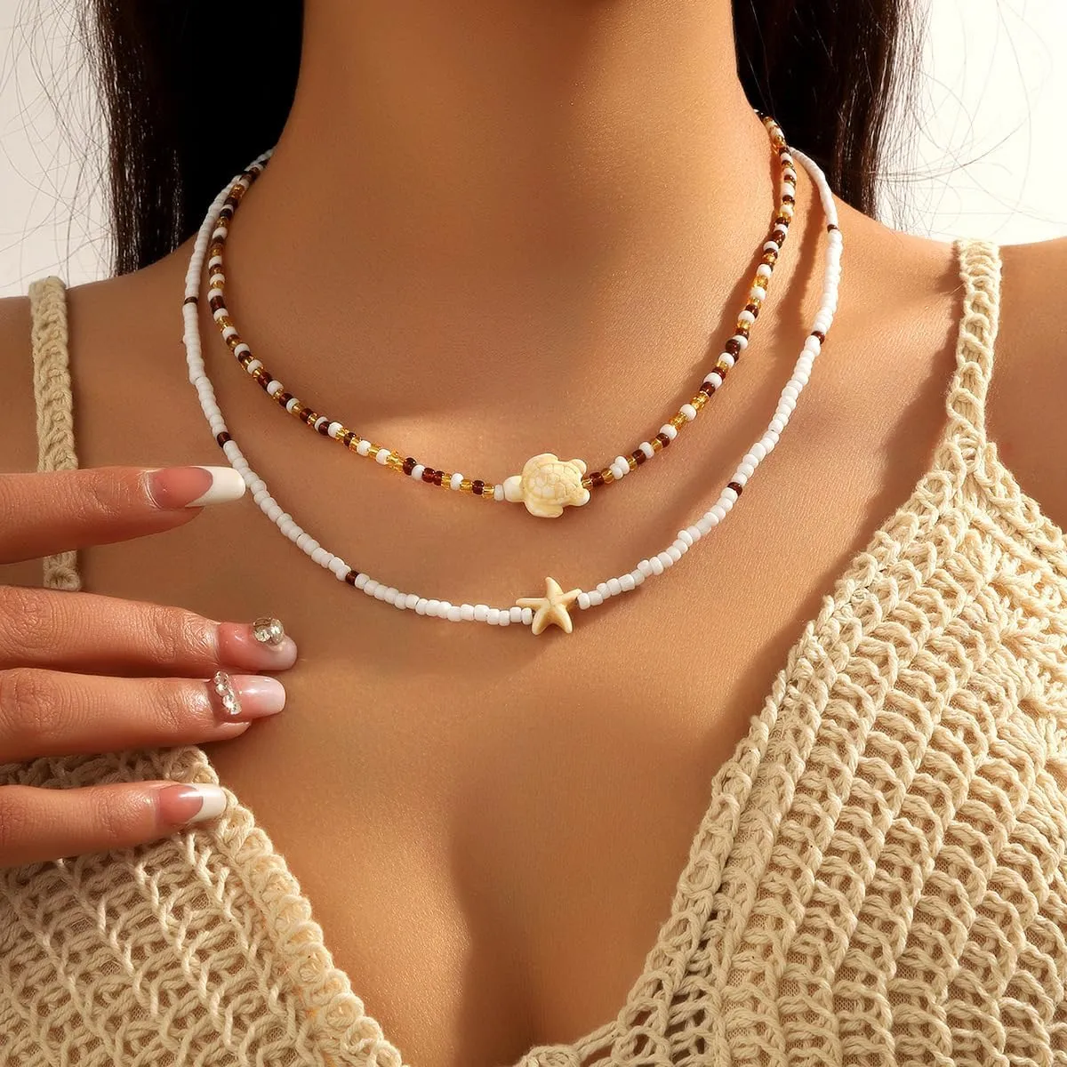 Sora Tuki Gold Starfish Necklace and Earrings - Beach Jewelry for Women - Summer Necklace with Surfer Shell and Turtle Conch Beaded Choker
