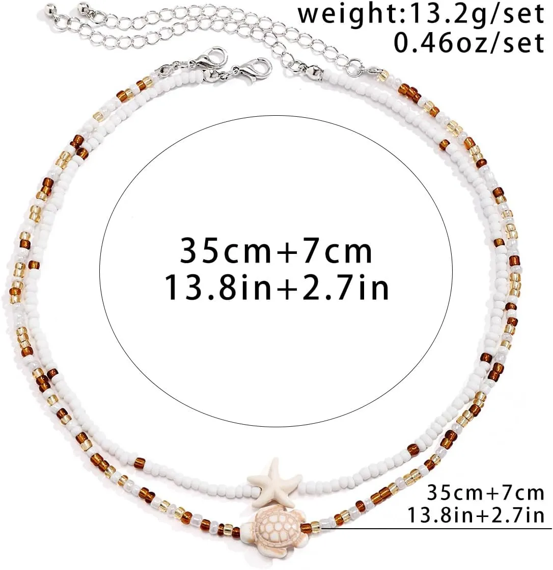 Sora Tuki Gold Starfish Necklace and Earrings - Beach Jewelry for Women - Summer Necklace with Surfer Shell and Turtle Conch Beaded Choker