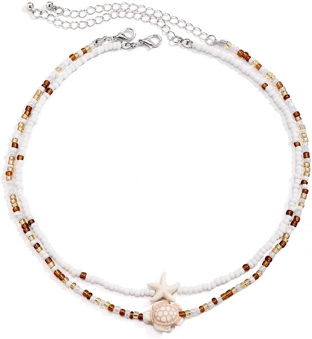Sora Tuki Gold Starfish Necklace and Earrings - Beach Jewelry for Women - Summer Necklace with Surfer Shell and Turtle Conch Beaded Choker