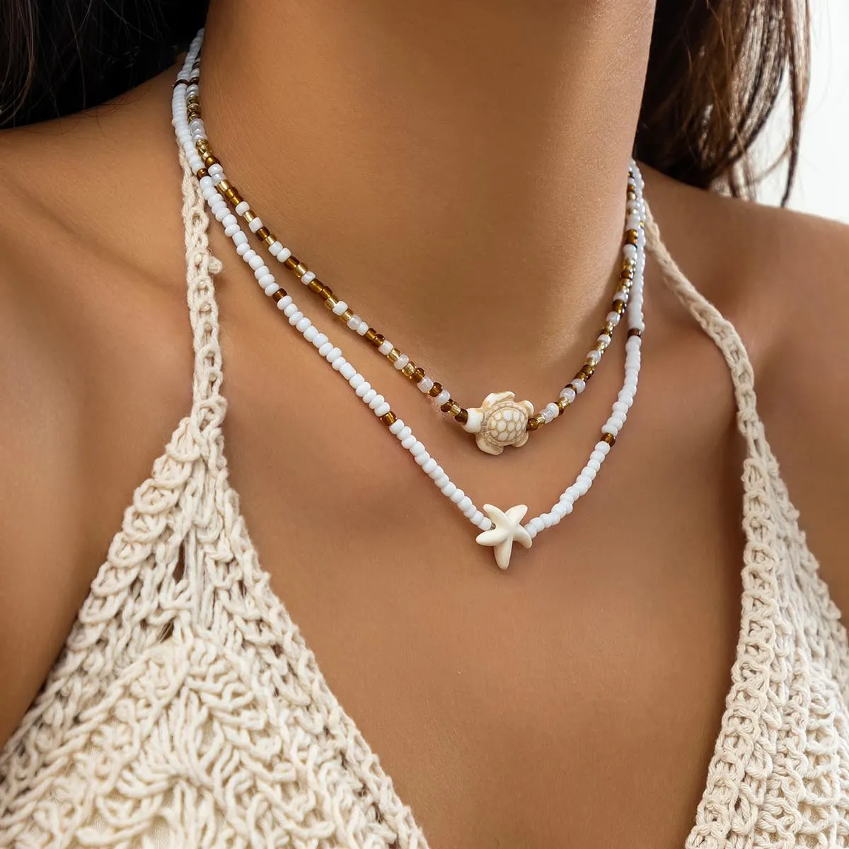 Sora Tuki Gold Starfish Necklace and Earrings - Beach Jewelry for Women - Summer Necklace with Surfer Shell and Turtle Conch Beaded Choker