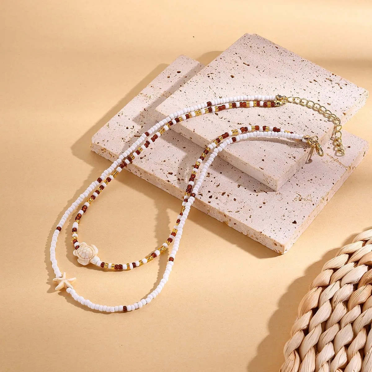 Sora Tuki Gold Starfish Necklace and Earrings - Beach Jewelry for Women - Summer Necklace with Surfer Shell and Turtle Conch Beaded Choker