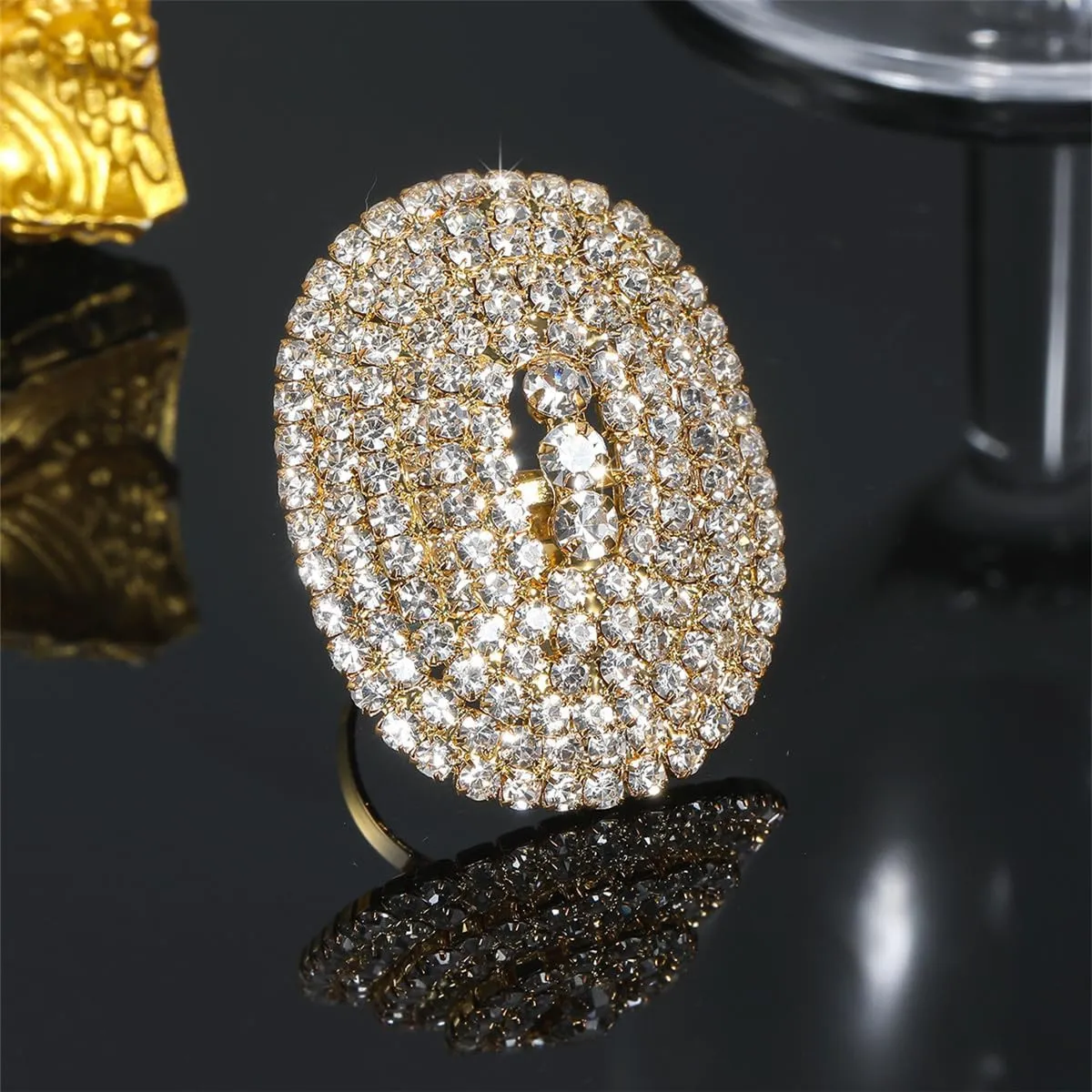 Sparkly Oval Rhinestone Ring For Women Adjustable Cocktail Statement Ring Pave Cubic Zirconia Ring Chunky Geometry Crystal Ring Jewelry