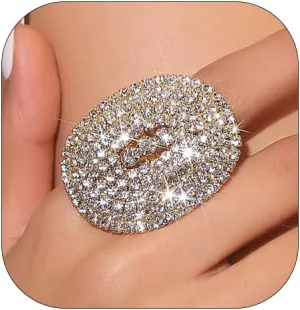 Sparkly Oval Rhinestone Ring For Women Adjustable Cocktail Statement Ring Pave Cubic Zirconia Ring Chunky Geometry Crystal Ring Jewelry