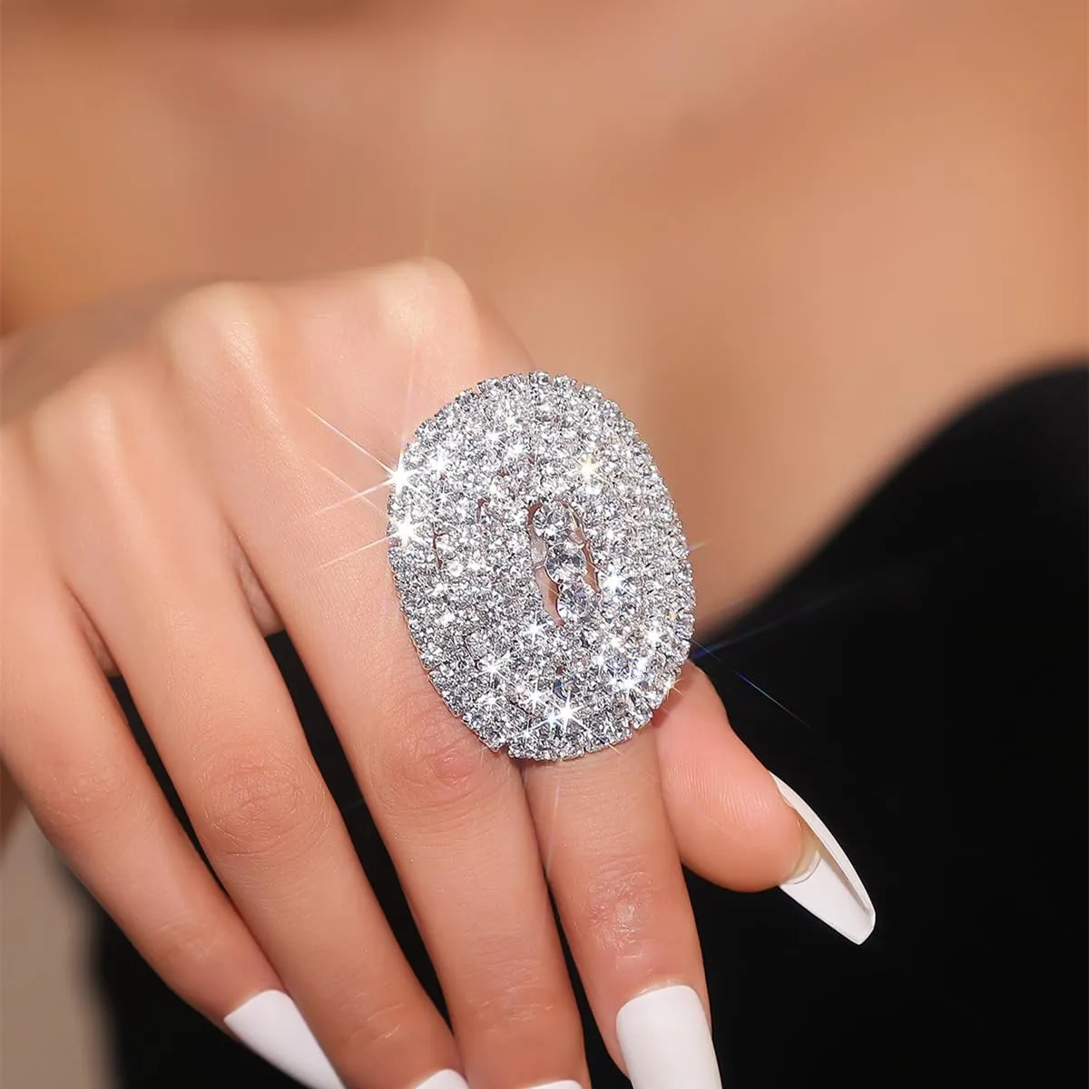 Sparkly Oval Rhinestone Ring For Women Adjustable Cocktail Statement Ring Pave Cubic Zirconia Ring Chunky Geometry Crystal Ring Jewelry
