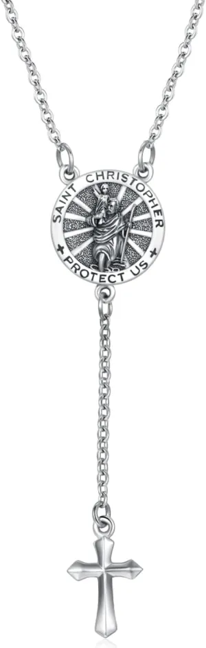 St Christopher Necklace for Men 925 Sterling Silver St Christopher Y Necklace Saint Christopher Pendant Necklaces Christopher Cross Amulet Religious Jewelry Gifts
