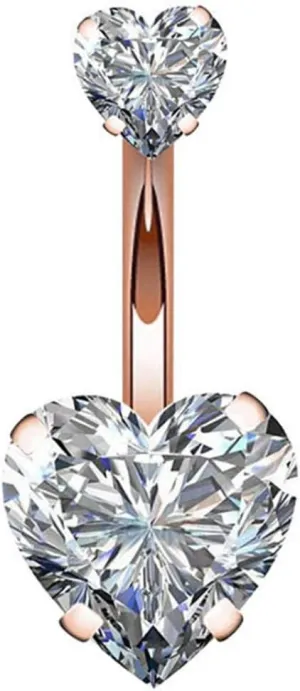 Stainless Steel Belly Button Navel Piercing Stud, Fashion Dual Heart Cubic Zirconia Barbell Navel Ring Women Body Piercing Jewelry - Rose Gold