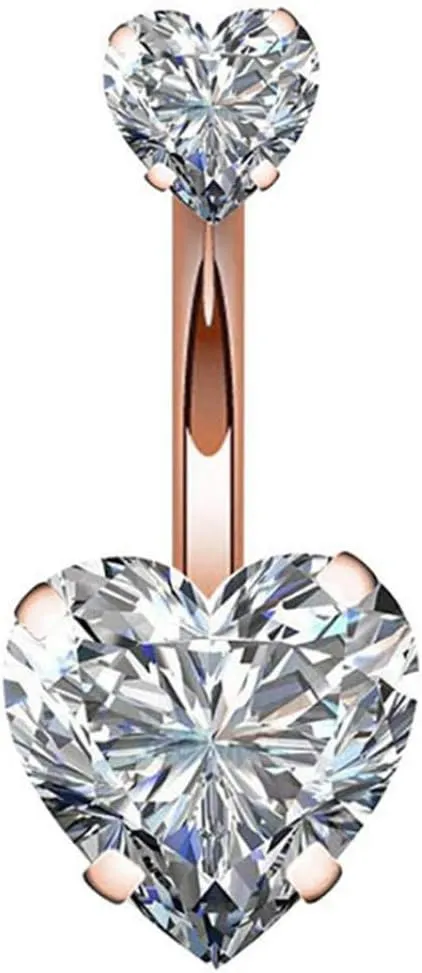 Stainless Steel Belly Button Navel Piercing Stud, Fashion Dual Heart Cubic Zirconia Barbell Navel Ring Women Body Piercing Jewelry - Rose Gold