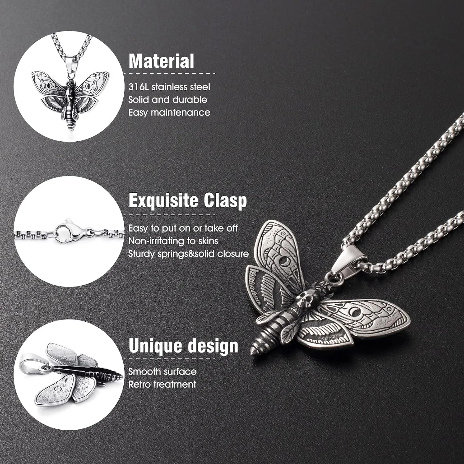 Stainless Steel Gothic Skull Pendant Necklace Punk Biker Hip-hop Jewelry for Men Women 60cm