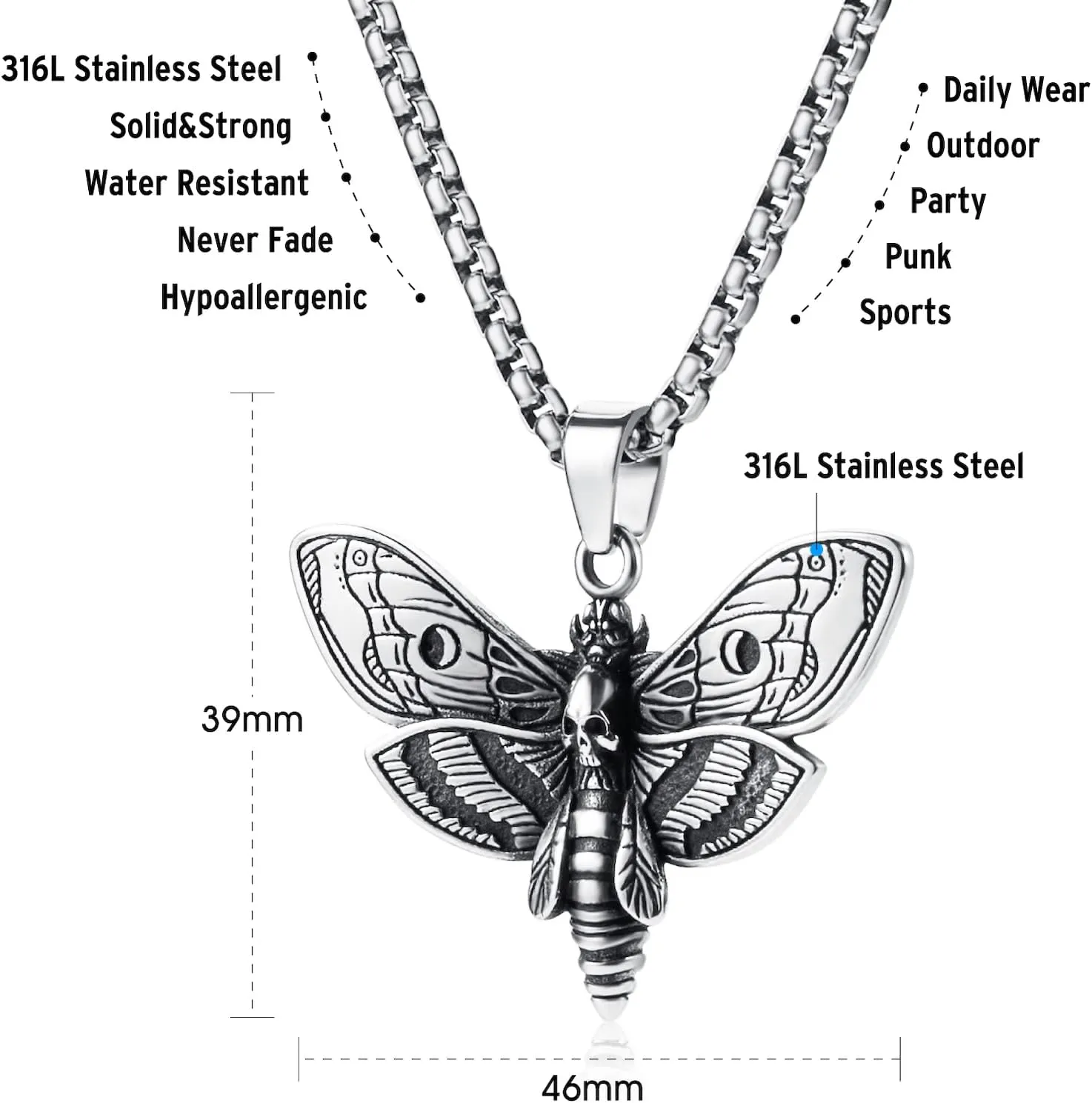 Stainless Steel Gothic Skull Pendant Necklace Punk Biker Hip-hop Jewelry for Men Women 60cm