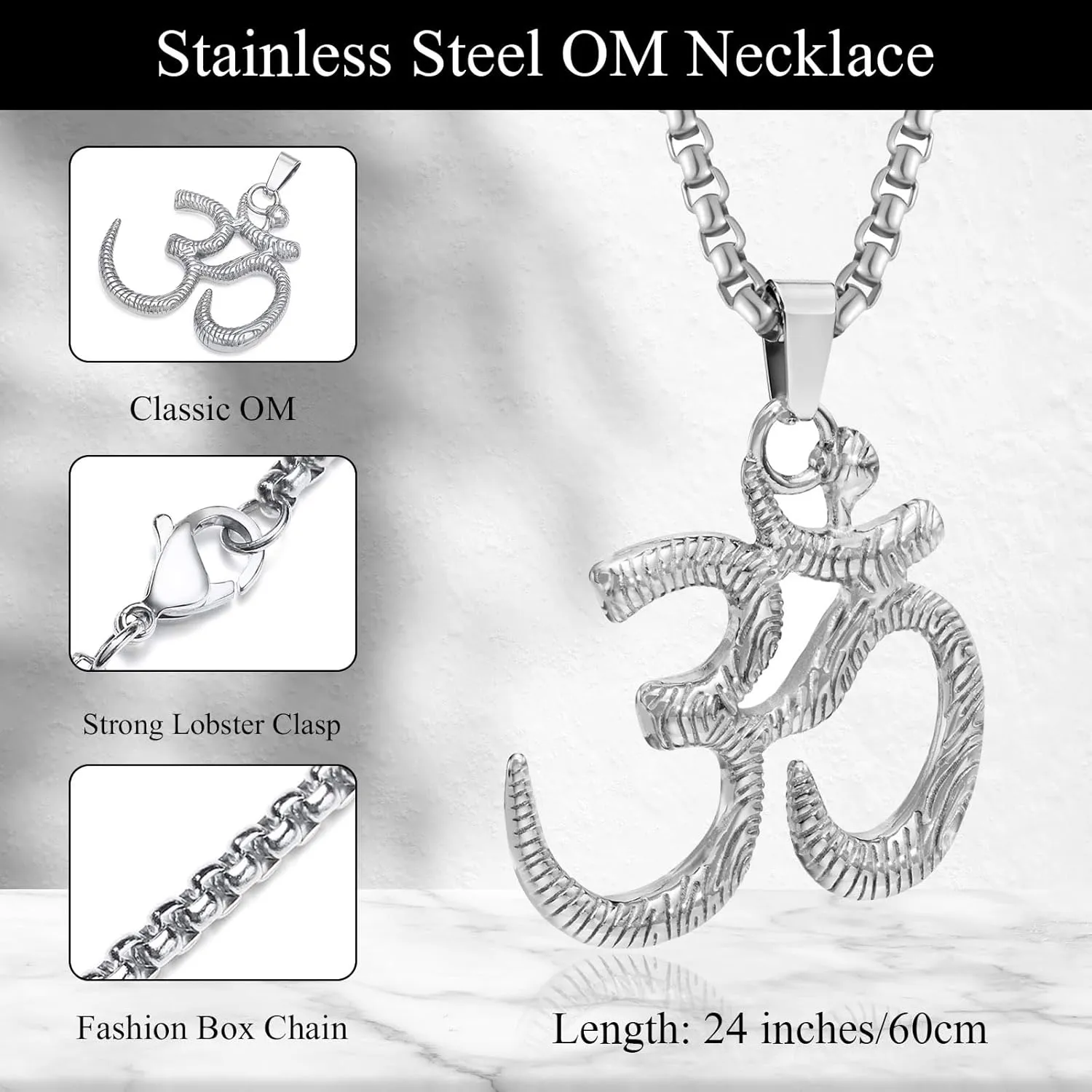 Stainless Steel Om Necklace for Men Women, Gold/Silver/Black Yoga Charm Pendant Necklaces Aum Om Ohm Sanskrit Symbol Hindu Meditation Chain Necklace,Mens Womens Jewelry Gifts
