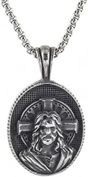 Stainless Steel Vintage Christian Jewelry Jesus Christ Medallion Pendant Necklace