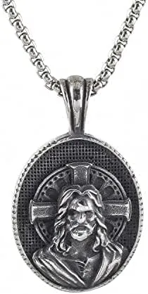 Stainless Steel Vintage Christian Jewelry Jesus Christ Medallion Pendant Necklace
