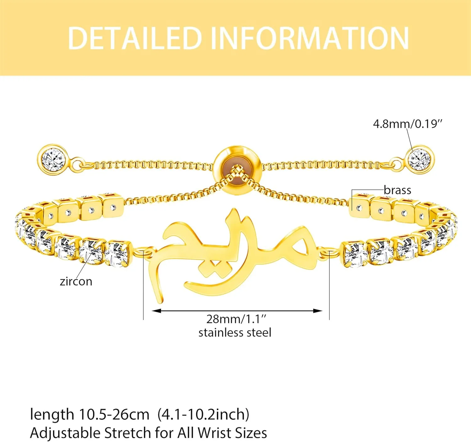 Stainless Steel Womens Tennis Bracelet in White, Gold, Rose Gold, Black | Religious Islamic Jewelry for Muslim Men and Women | Prayer Chain Bracelet 7.5" 2"
