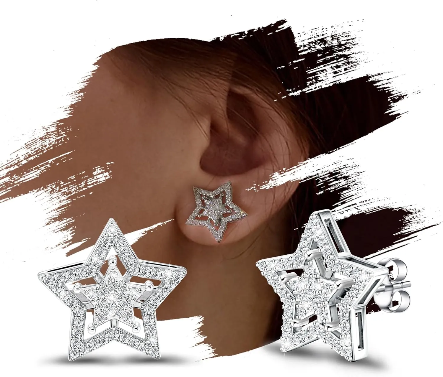 Star Earrings for Women Sterling Silver - Hypoallergenic Cubic Zirconia Earrings Hollow 2 Star Post Cartilage Stud Earrings Dainty Trendy Gifts Stuff for Men Her