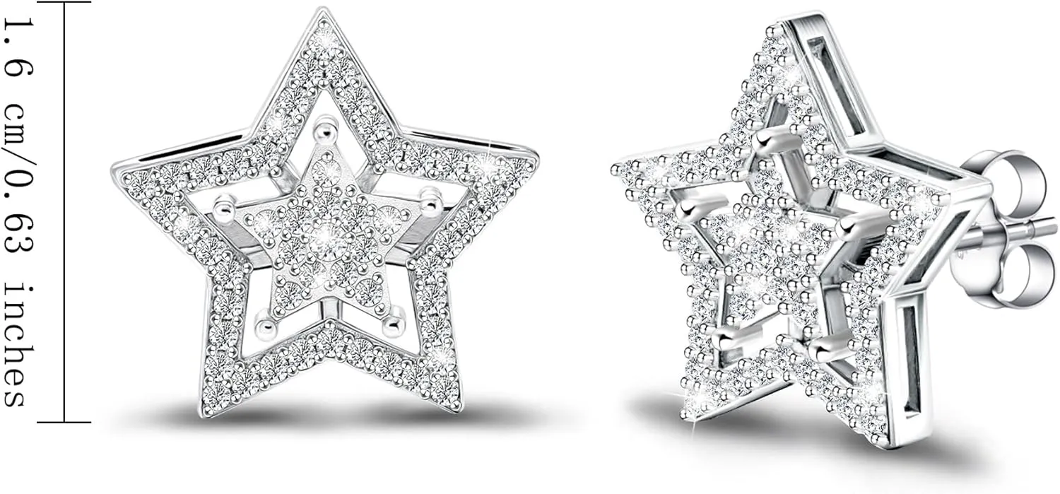 Star Earrings for Women Sterling Silver - Hypoallergenic Cubic Zirconia Earrings Hollow 2 Star Post Cartilage Stud Earrings Dainty Trendy Gifts Stuff for Men Her