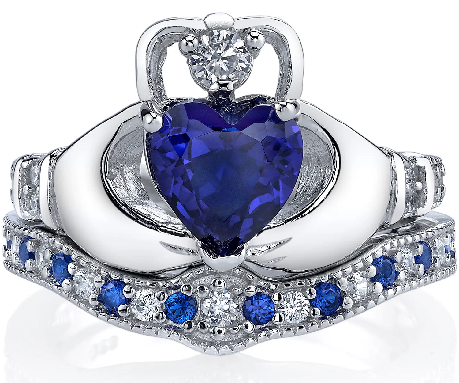 Sterling Silver 925 Irish Claddagh Friendship Love Engagement Wedding Ring Sets Simulated Sapphire Blue Heart CZ Cubic