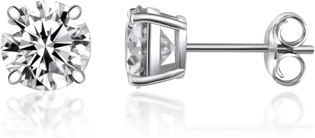 Sterling Silver Synthetic Moissanite Stud Earring Set,Stud Earrings Set 4 Prong Round Synthetic Moissanite Stud Earring For Women and Men
