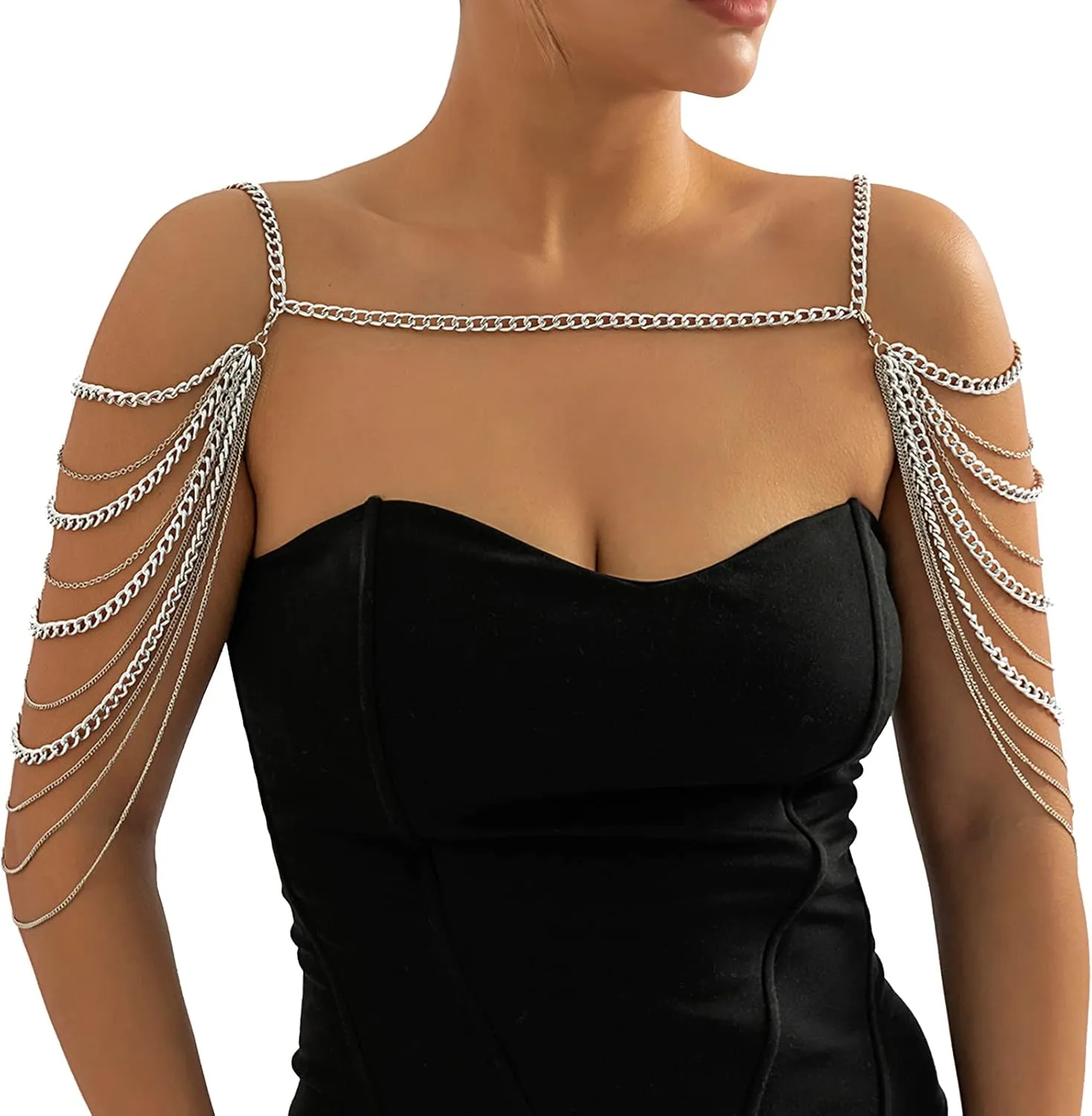 Summer Beach Punk Shoulder Body Chain Multi-Layered Back Chain Bikini Metal Tassel Arm Chain Statement Bridal Wedding Backdrop Necklace Body Chain Jewelry for Women