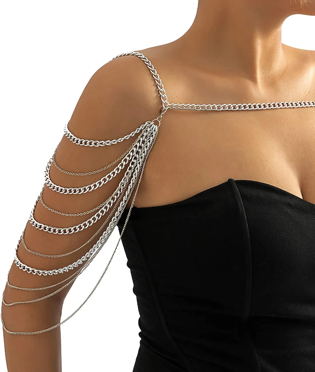 Summer Beach Punk Shoulder Body Chain Multi-Layered Back Chain Bikini Metal Tassel Arm Chain Statement Bridal Wedding Backdrop Necklace Body Chain Jewelry for Women
