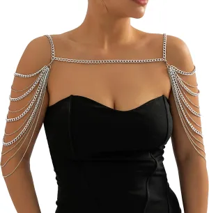 Summer Beach Punk Shoulder Body Chain Multi-Layered Back Chain Bikini Metal Tassel Arm Chain Statement Bridal Wedding Backdrop Necklace Body Chain Jewelry for Women