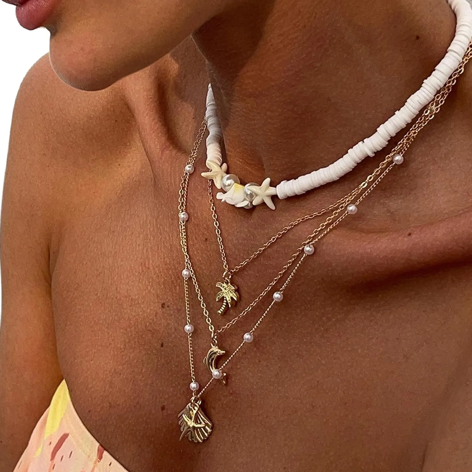 Summer Shell Pendant Necklace Layered Beaded Choker Necklace Bikini Beach Bead Body Chain Gold Pearl Clavicle Chain Necklace for Women