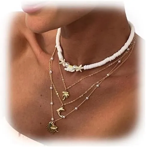 Summer Shell Pendant Necklace Layered Beaded Choker Necklace Bikini Beach Bead Body Chain Gold Pearl Clavicle Chain Necklace for Women