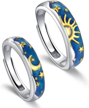 Sun and Moon Couple Ring S925 Sterling Silver Sunburst Sunrise Crescent Moon Couples Matching Rings for Him Her Women Men Lover Promise Engagement Gift Jewelry 2 Set