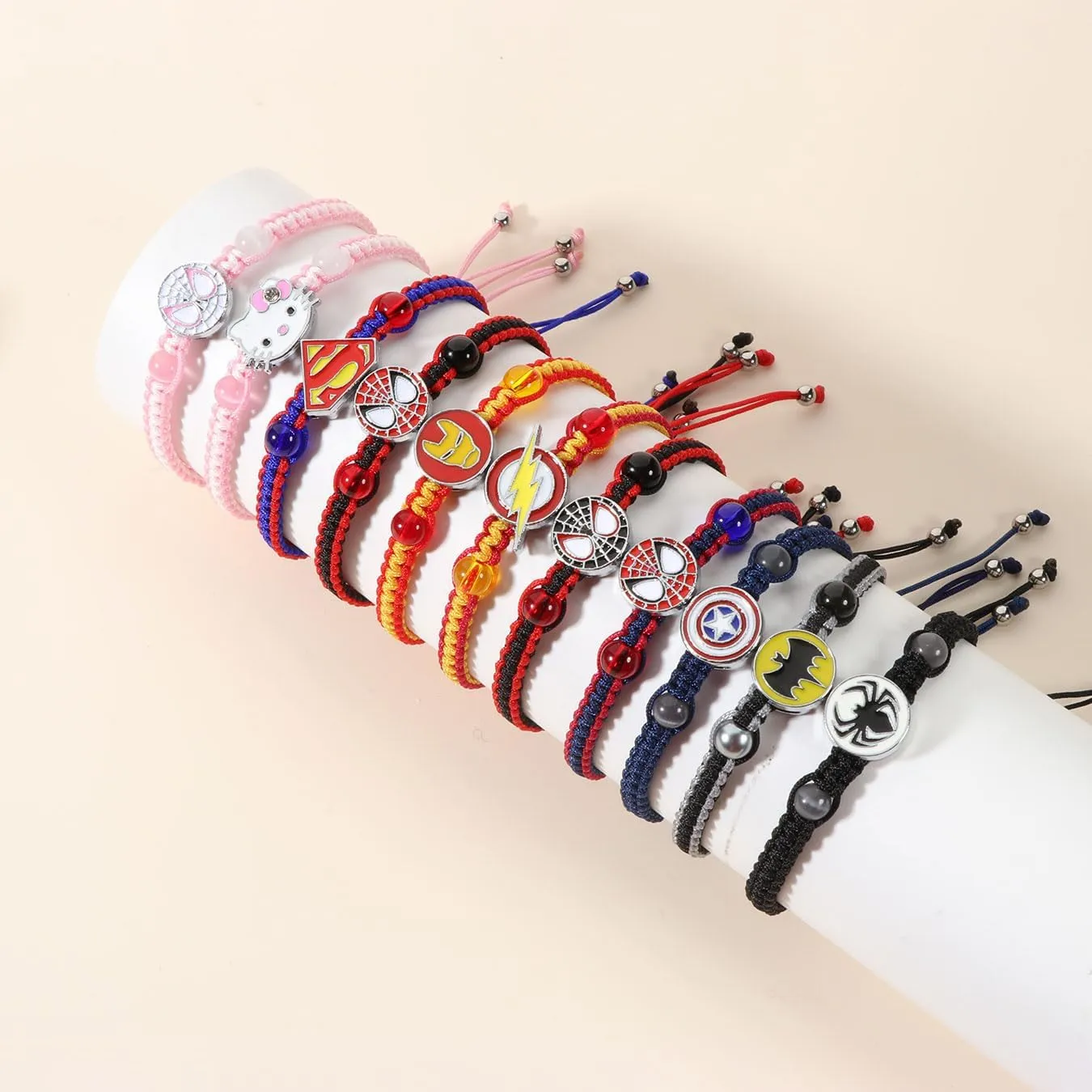Superhero Spider Kitty Bat Movie Themed Character Charm Bracelet for Fans,Handmade Braided Bracelet Birthday Jewelry Gifts for Son Daughter Friends Bf GF